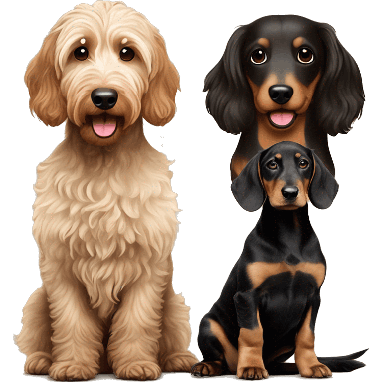 Brown golden doodle and black and tan and cream dachshund sitting together ￼￼ emoji