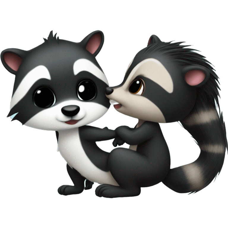 Cute Skunk and cute Raccoon kissing cute emoji