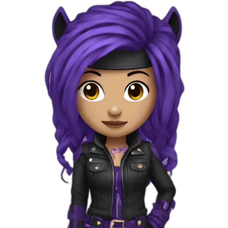 a PURPLE horse girl with a dark purple black punk outfit with and glizzy bands and dark purple hair emoji