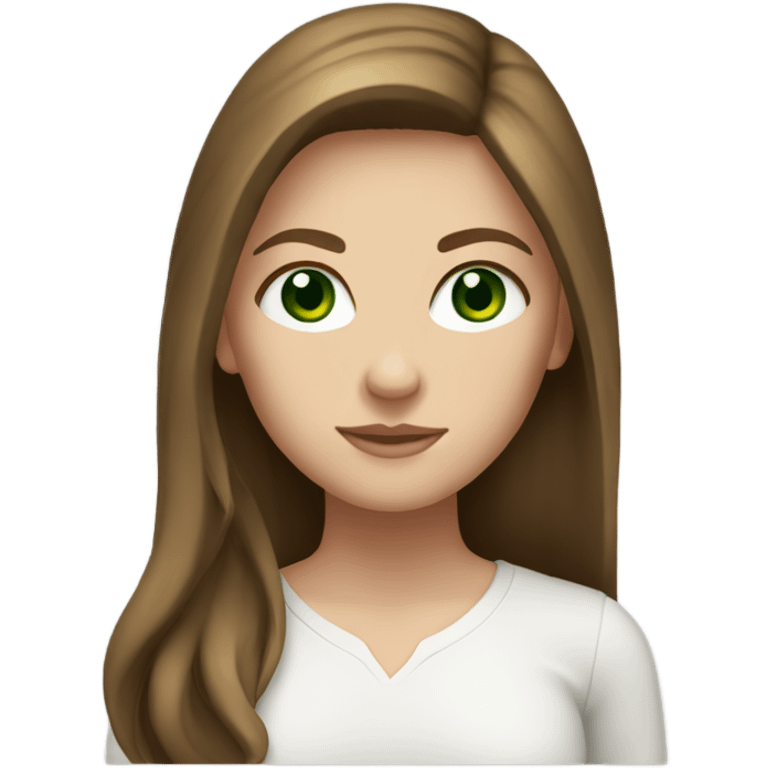 white girl. long brown hair. dark green eyes. white shirt. emoji