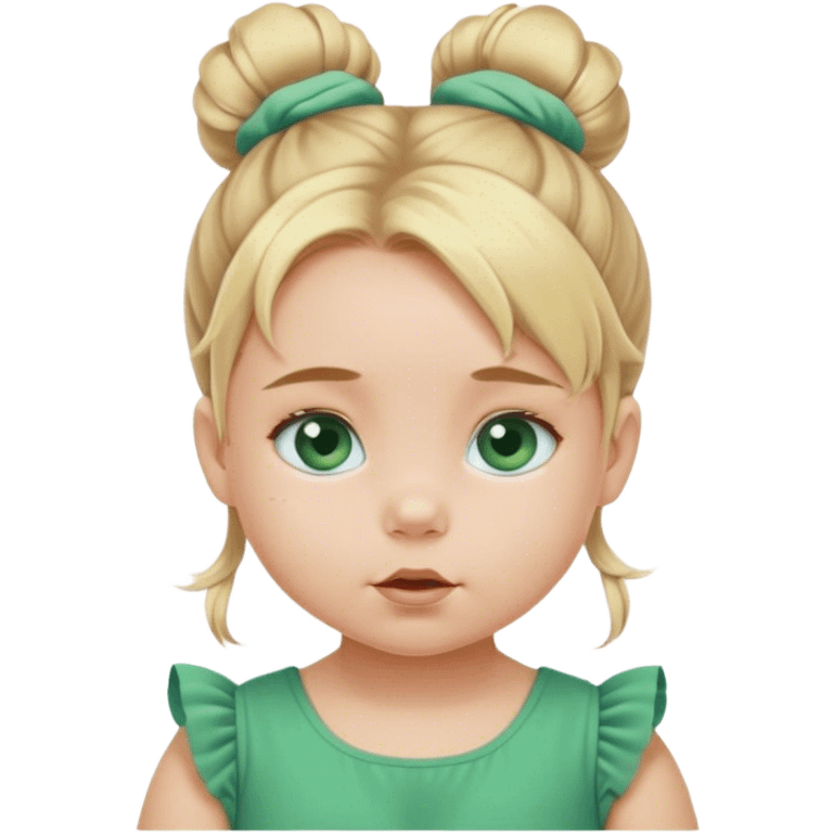 Blond baby girl blue eyes  with messybun  green dress blue eyes emoji