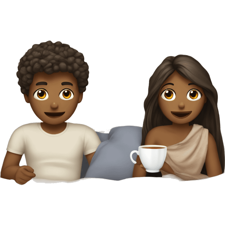 a boy and a girl  hair brun under a blanket with cups of tea emoji