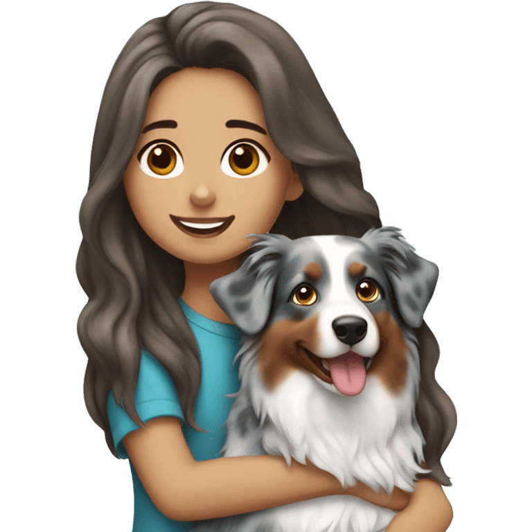 Girl with long brown hair holding blue merle Australian shepherd emoji