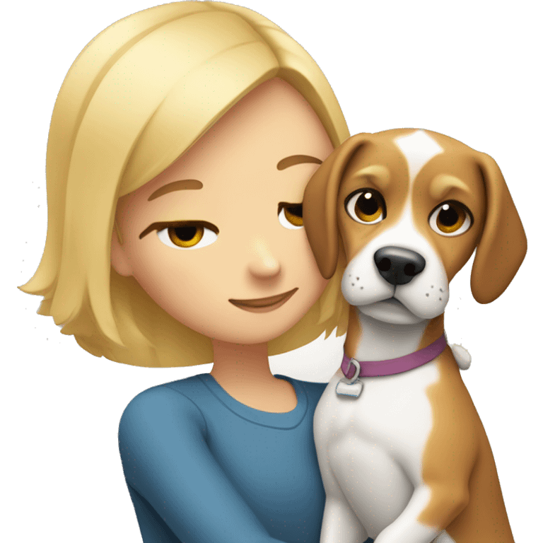 Girl with blonde hair hugging a bicolor beagle emoji