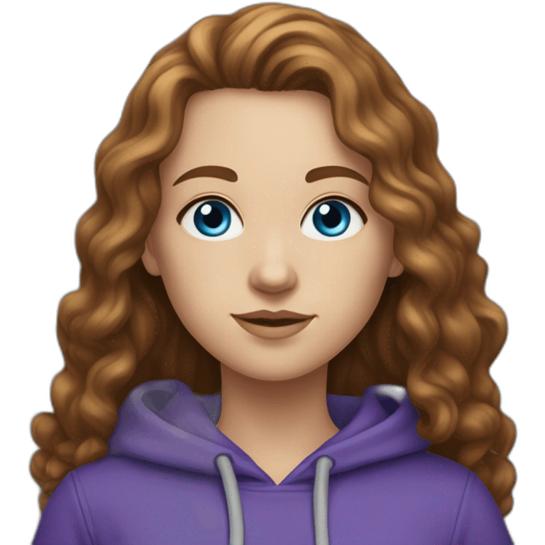 Full length white girl in a purple hoodie, with blue eyes,with long curly brown hair, with high aristocratic cheekbones emoji