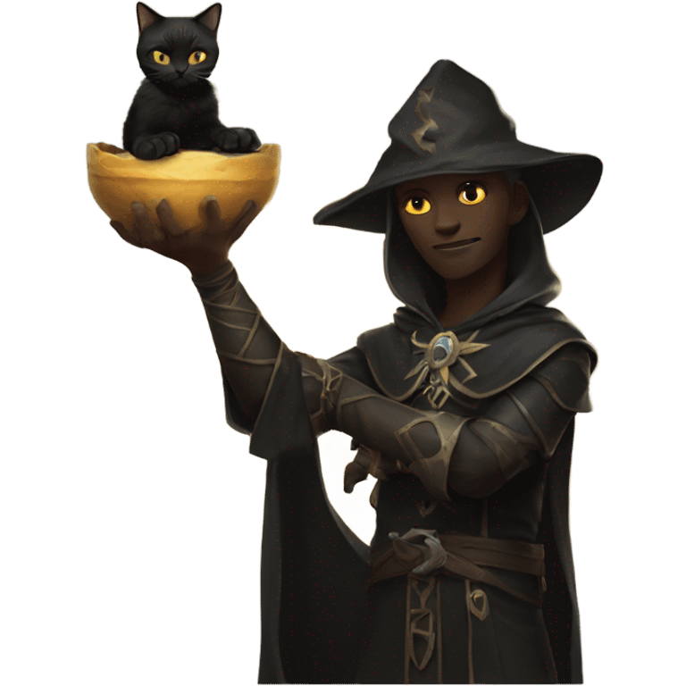 A pale sun warlock who is holding a black kitten emoji