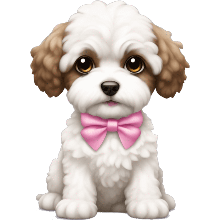 Brown and white Schichon puppy with pink bow emoji