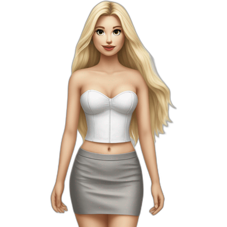 caucasian straight long haired blonde, white bustier, tight grey mini skirt, hyperrealist drawing emoji