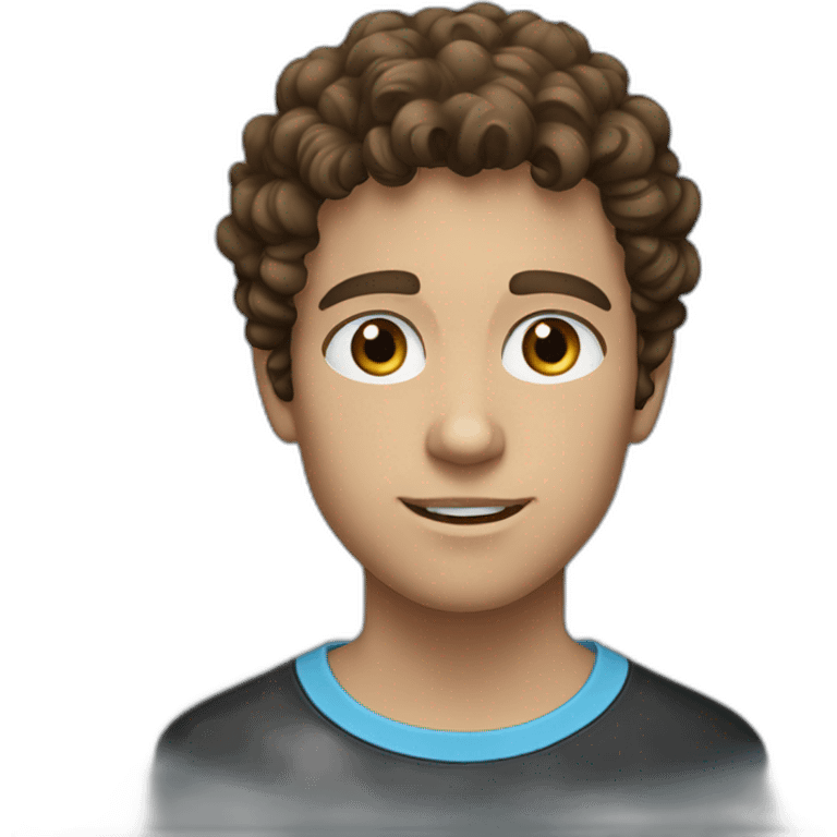 a young man with curly brown hair and light blue eyes wearing a black shirt emoji