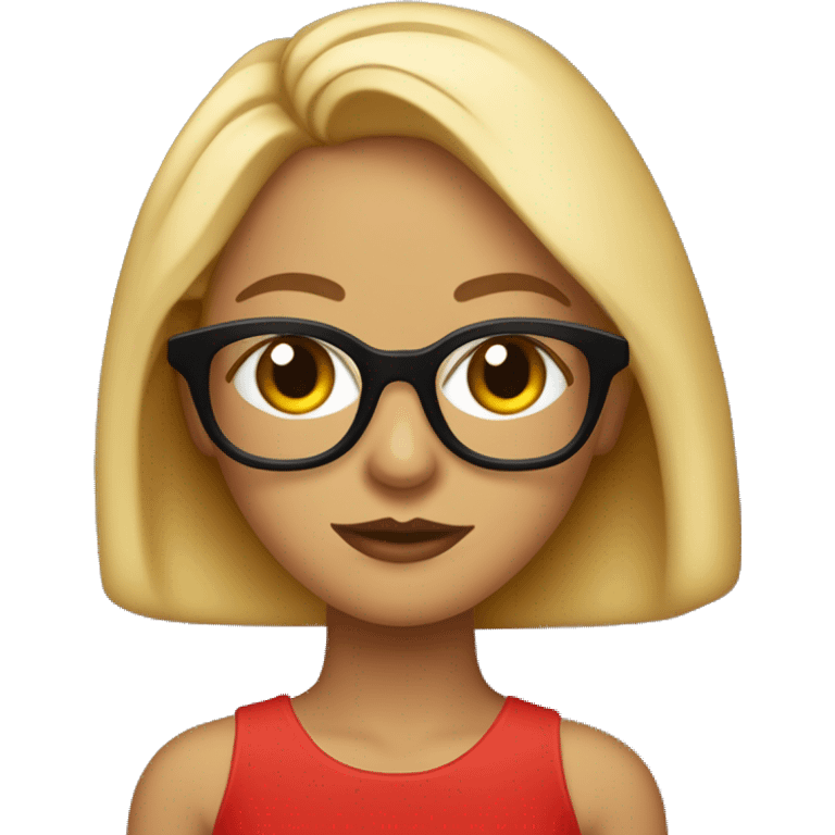 un emogi con una mujer rubia hermosa con ojos pardos con color miel y con blacer negro y con gafas de sol negras y con la bios pintados de rojo emoji