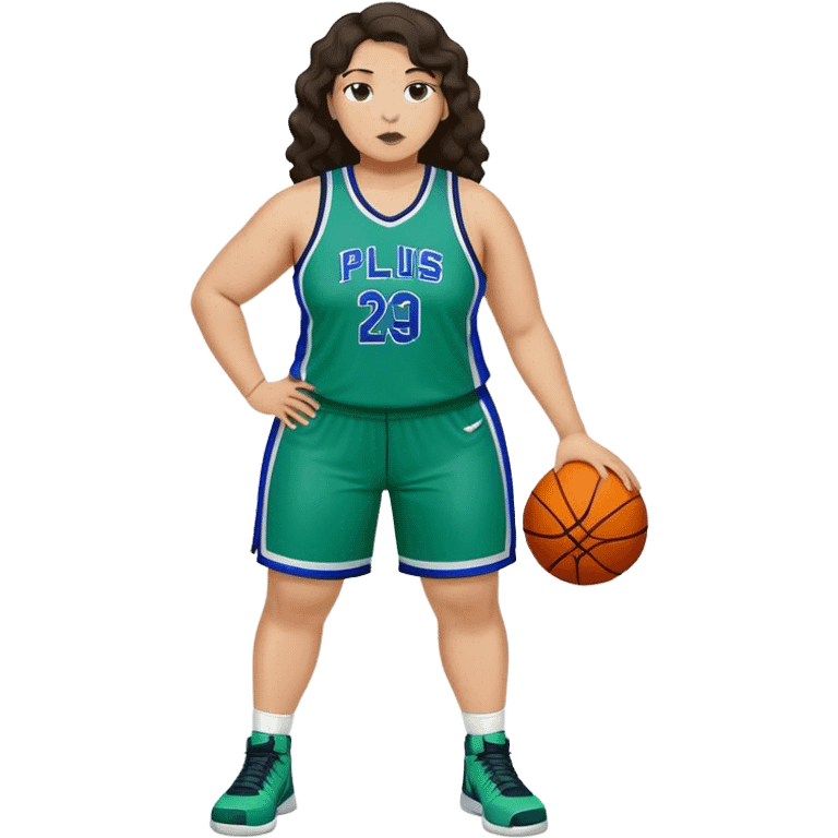 full body plus size light skin latino women basketball player with wavy dark hair large wide nose wearing blue with green uniform emoji