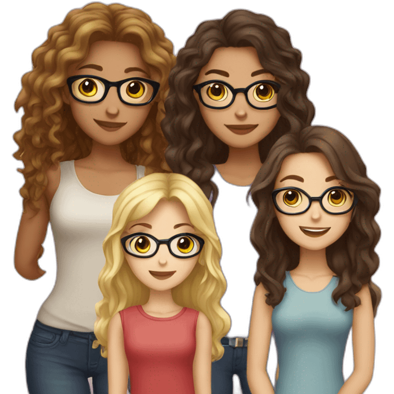 Five girls, one of them blonde with glasses, one brunette with glasses, one brunette with curly hair, another brunette with long hair, one blonde with straight hair emoji