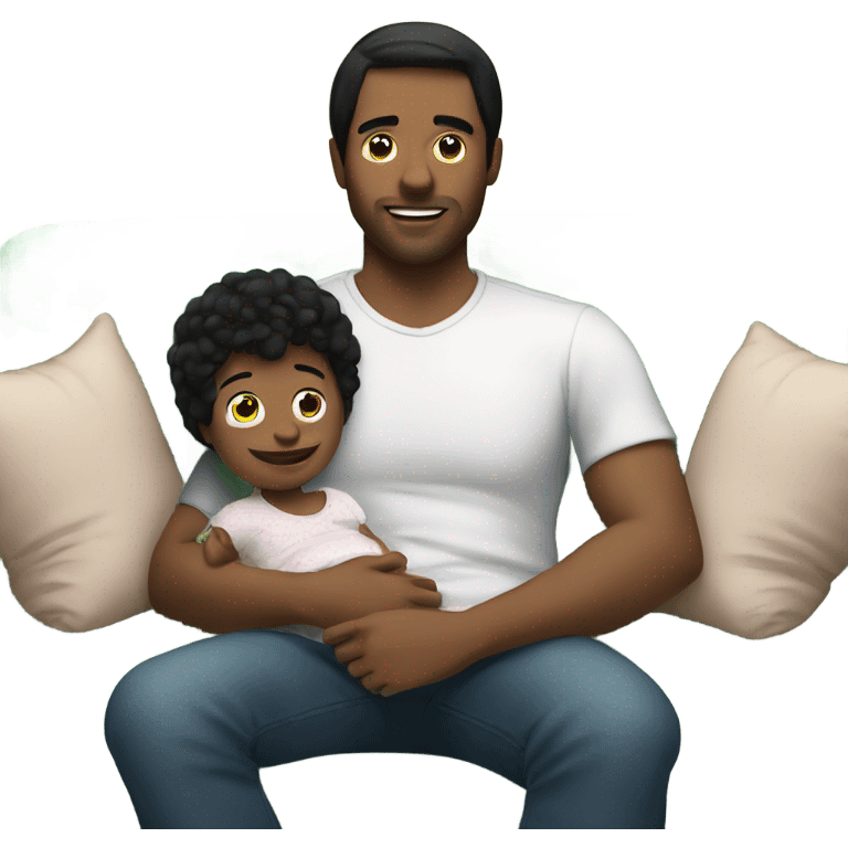 Man with black hair and baby relaxing on couch together emoji