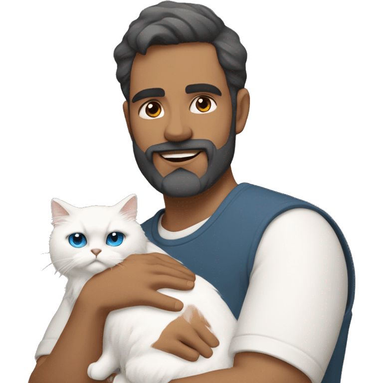 Latin man with beard holding white persian cat with blue eyes  emoji