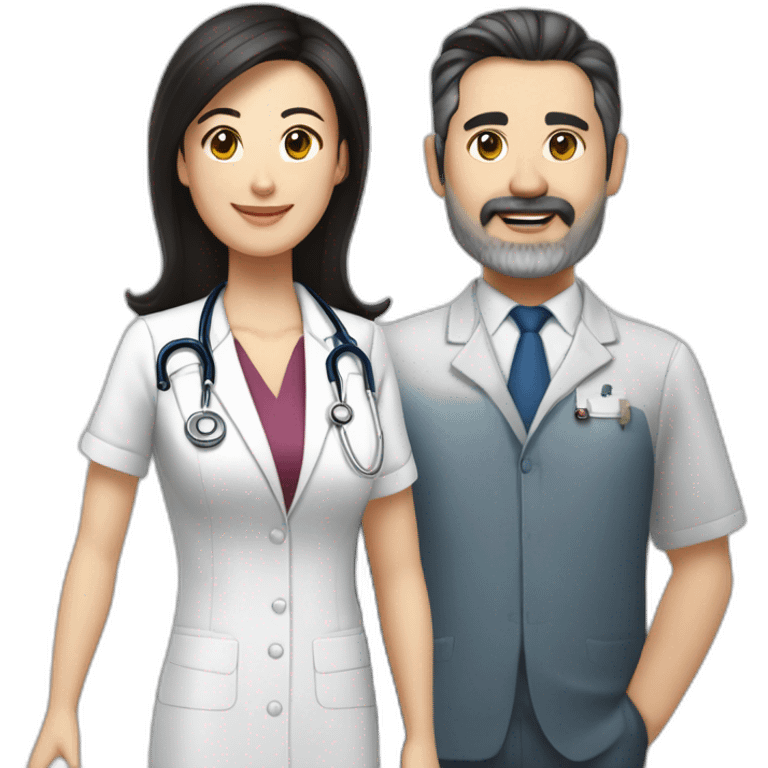 husband middle aged executive classic dark hair thin beard wearing business suit, with wife asian age 55 dark hair wearing nurse uniform emoji