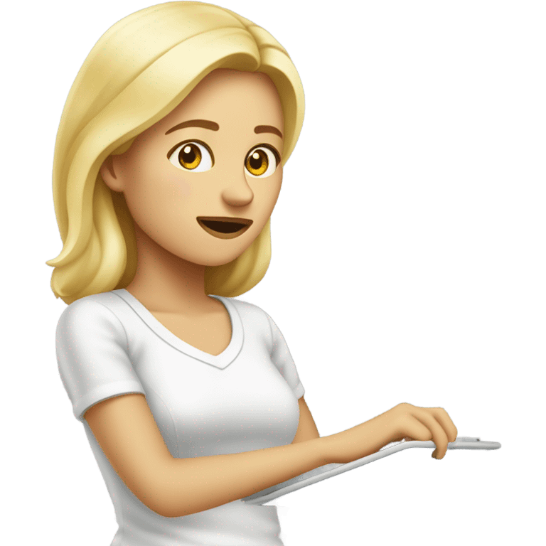 mujer rubia mirando la tableta encendida emoji