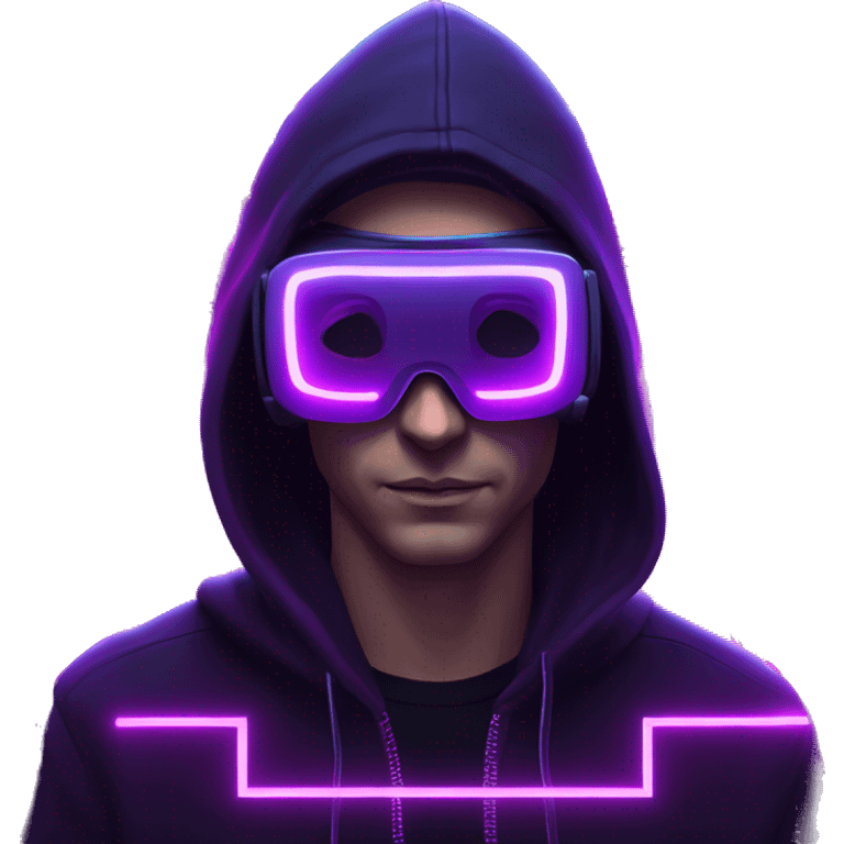 Russian man wearing a black hoodie with "OMG" letters on it and VR headset in a cyberpunk VR environment with violet neon lighting. emoji