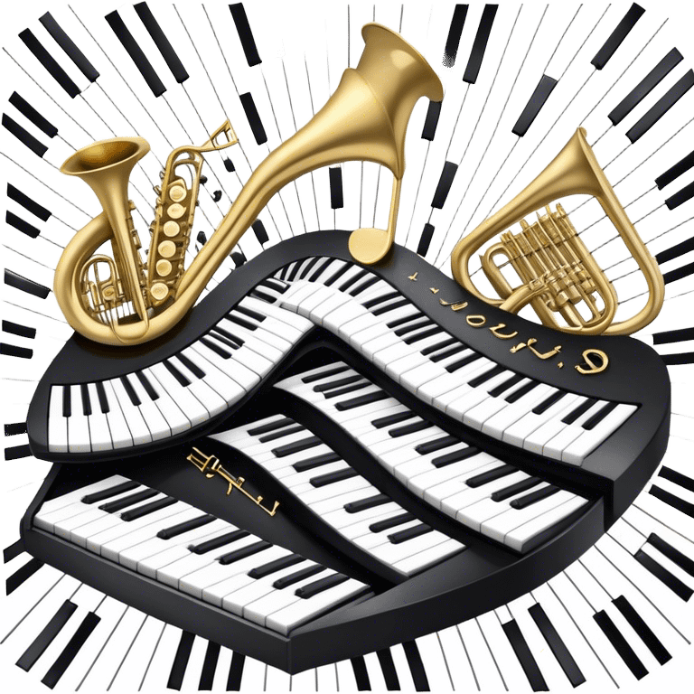 Create a detailed and elegant emoji collage representing keyboard instruments in a celebratory and professional style, reminiscent of a coat of arms. The design should feature a central arrangement of black and white piano keys, forming a symmetrical, powerful image. Around the keys, include a flowing ribbon of musical notes that intertwines with the keys, creating a sense of movement and harmony. Use gold and silver accents to highlight the keys and musical notes, giving the design a festive, high-quality appearance. The design should convey professionalism, elegance, and a sense of occasion. Add subtle reflections on the piano keys to enhance the polished look. The background should be transparent. emoji