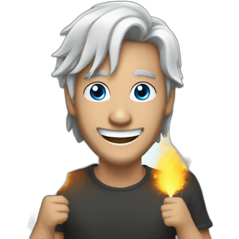 30 years old smiling man with Grey long hair man with blue eyes doing fireshow emoji