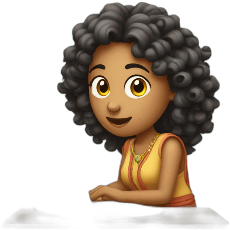 A curly indian lady learning about morgages on a laptop emoji