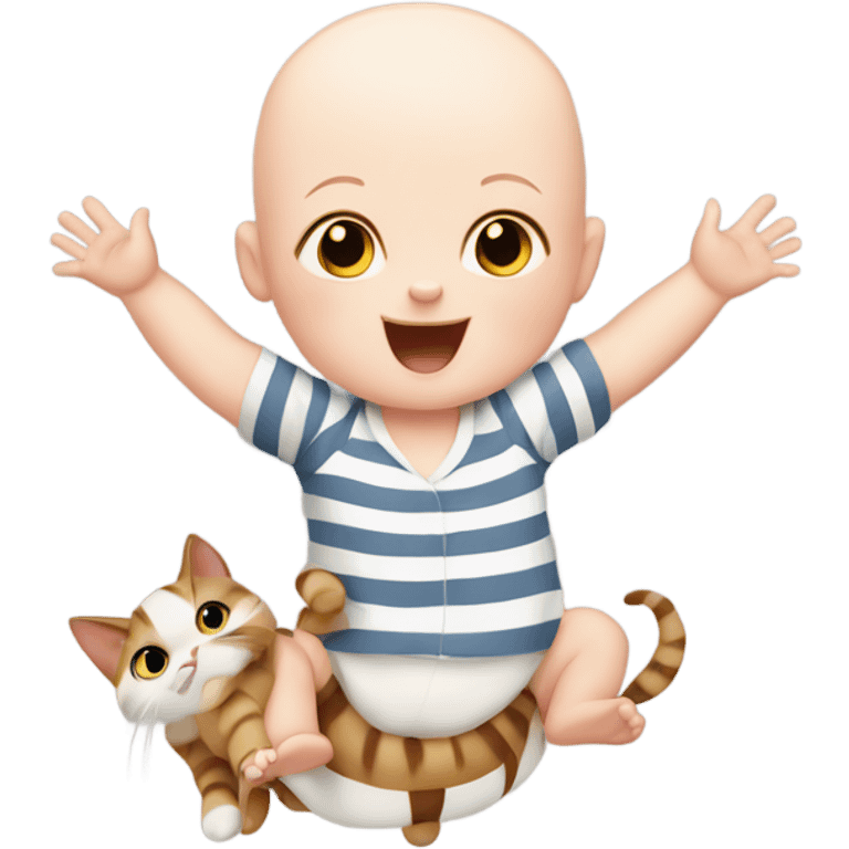 bald white baby riding on a striped cat with its arms in the air emoji