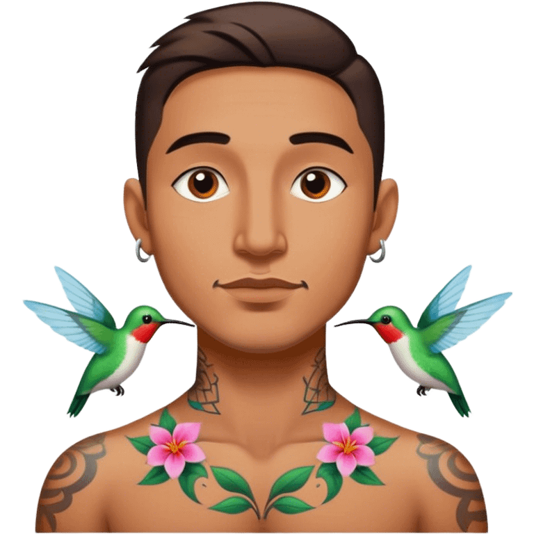 Man with hummingbird neck tattoo emoji