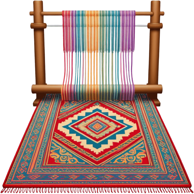 Carpet weaving icon, finished woven carpet with intricate patterns, colorful threads, weaving loom in background, minimalistic style, clean lines, transparent background. emoji