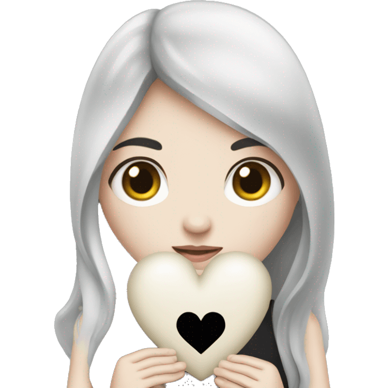 Pale girl with long black hair holding black heart in her hands  emoji