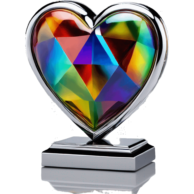 symmetric heart chrome sculpture symbolizing chromatic light with a geometric, faceted design. The heart is standing upright with angular and baroque features. The vibrant rainbow of colors highlights the sharp edges and planes.  emoji