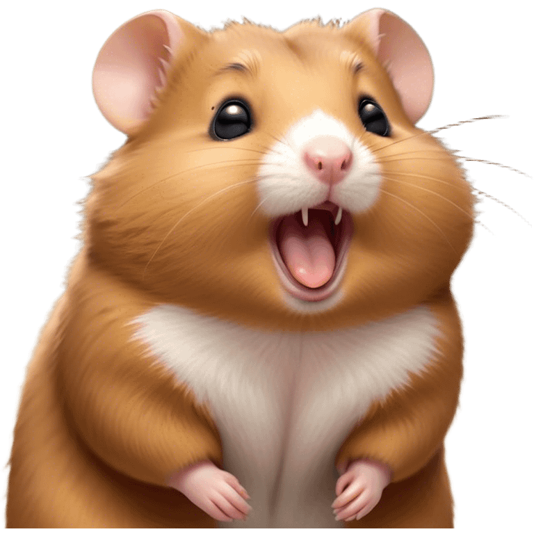 Cinematic Cute Yawning Brown Hamster Portrait Emoji, Head tilted slightly with a dramatic, wide-open yawn, showcasing a smooth, rich brown fur with tiny droopy ears, round dark eyes barely open in drowsy contentment, Simplified yet irresistibly adorable features, highly detailed, glowing with a soft, cozy glow, high shine, relaxed yet expressive, stylized with a touch of whimsy, bright and endearing, soft glowing outline, capturing the essence of a sleepy yet affectionate hamster, so drowsy it feels like it could stretch out of the screen and curl up for a nap! emoji