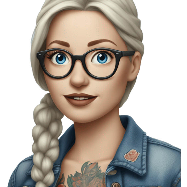 Hyper Realistic pale beautiful tattooed woman with glasses and blue eyes wearing denim jacket emoji