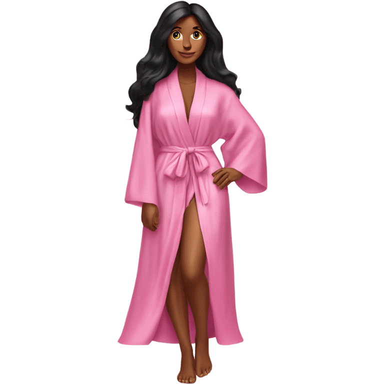 Tanned woman with long black hair wearing a silk pink Victoria’s Secret robe emoji