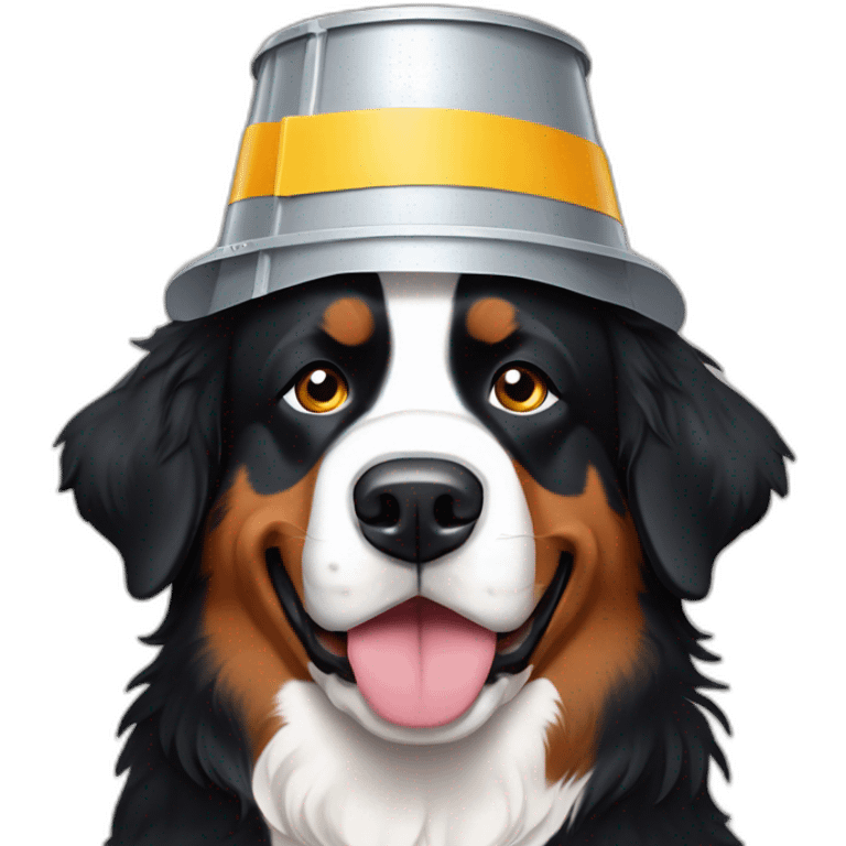 Bernese mountain dog with a plastic bucket on his head emoji