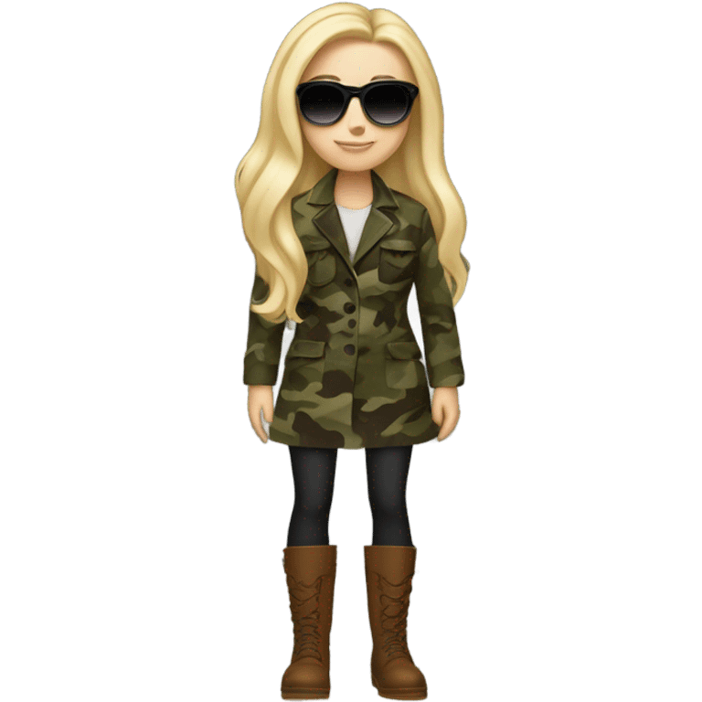 White girl with Long blonde hair and round Sun glases, camouflage Wool oversize blazer, mini dress and Brown leather boots  emoji