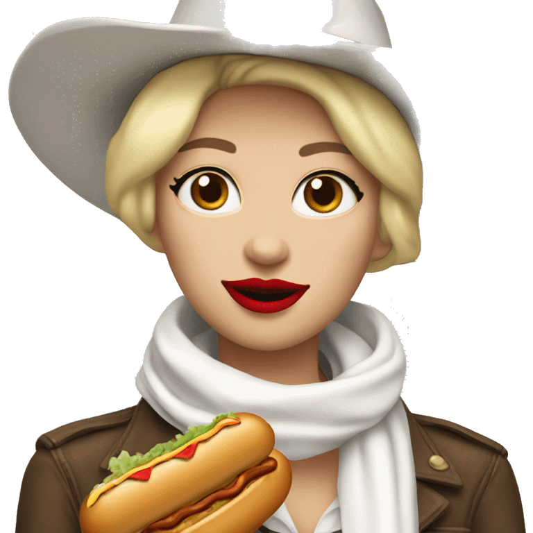 cowgirl with a white hat and white scarf and blonde short hair with red lipstick eating hotdog emoji