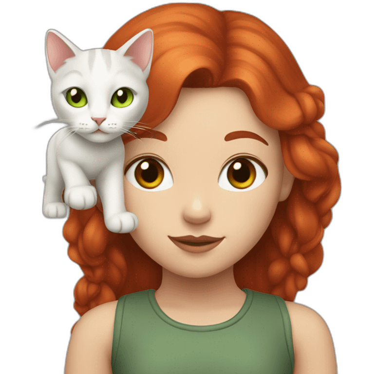 Girl with long red hair, a little dark, with a white cat on her head and gray green eyes emoji