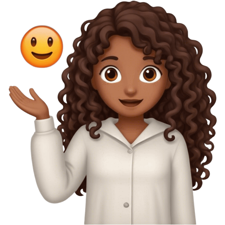 Brown girl with dark brown long curly hair saying good morning  emoji