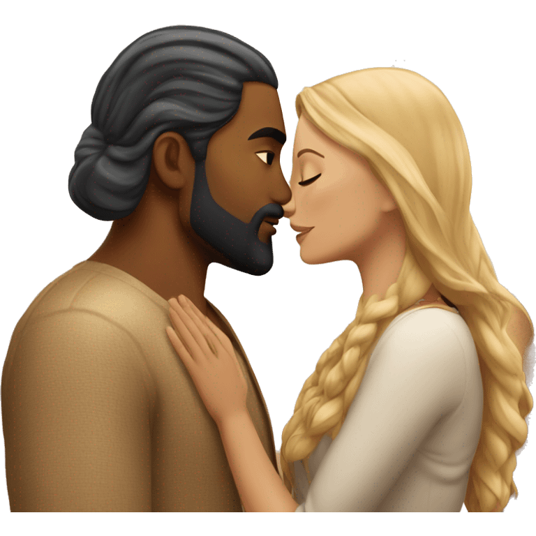 blonde woman with indian man that has a beard and long hair, romantic kiss under tree emoji