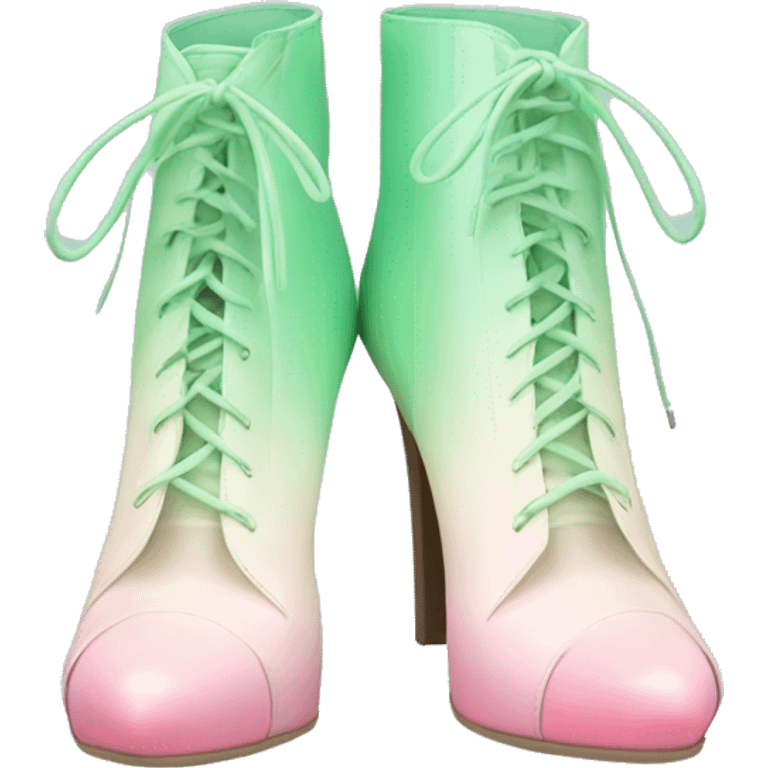 Realistic isolated top view of a pair of light pastel green to pastel pink ombre peep toe ankle bootie boots.  emoji