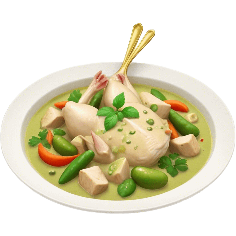 Cinematic Realistic Green Chicken Curry Dish Emoji, depicted with tender chicken simmered in a fragrant green curry sauce with vegetables rendered with rich textures and dynamic, vibrant lighting. emoji