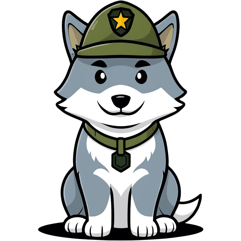 Wolf waring army hat with dog tags emoji