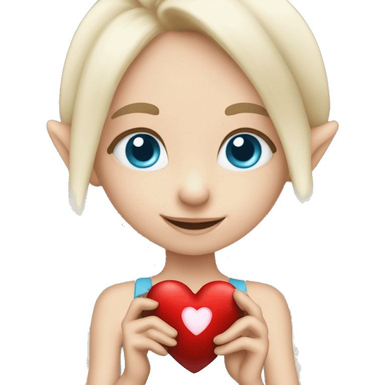 Blonde blue-eyed girl elf holding heart in hand emoji