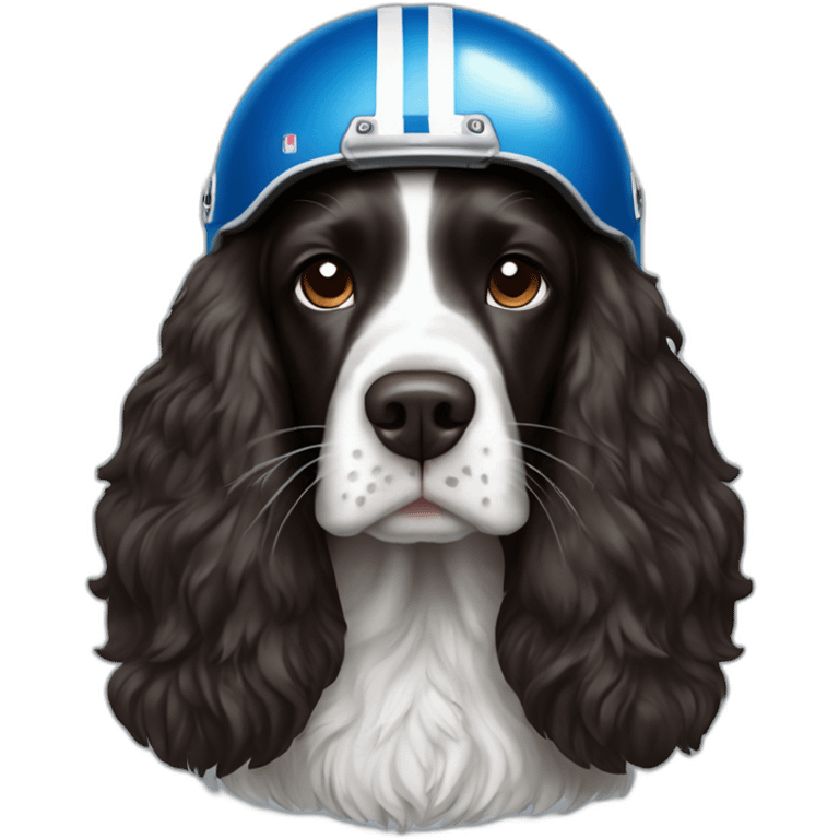 black springer spaniel wearing detroit lions football helmet emoji