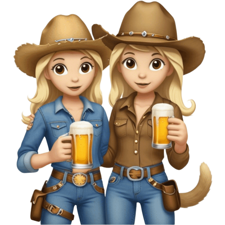 Farmer monkey holding a beer standing next to a blonde girl in cowgirl hat emoji