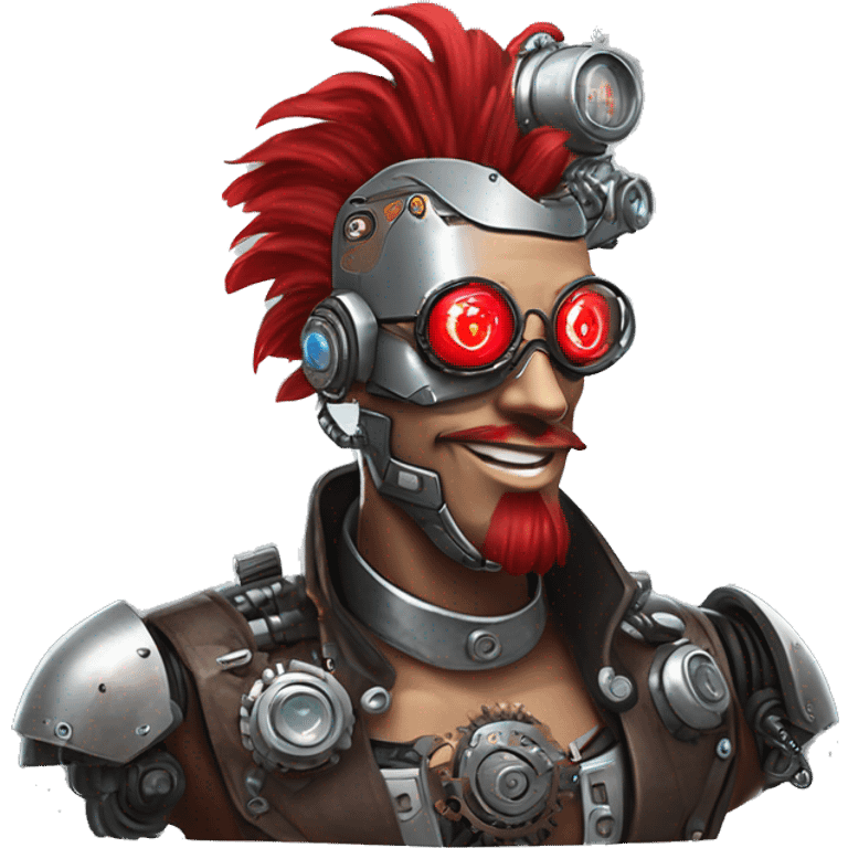 cyborg head with red Mohawk, red beard. silver steampunk monocle goggles a smile and circuits emoji