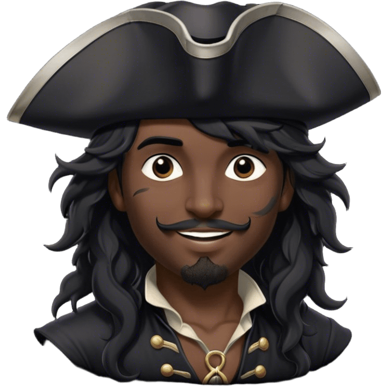 A charismatic pirate with wavy black hair tousled by the breeze. His silver-embroidered tricorn hat casts a shadow. He turns slightly, dark eyes glinting with mischief as he looks to the side, a knowing smile on his lips emoji