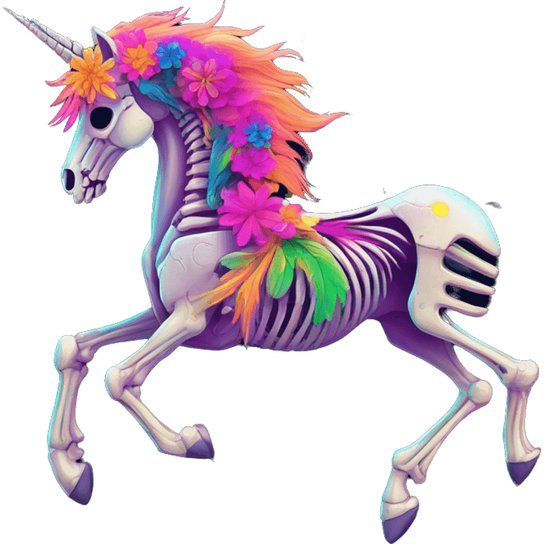 Neon Zombie Pegasus unicorn skeleton psychedelic flowers floral groovy art neon rave raving emoji