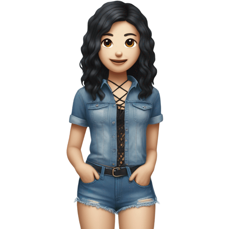 A South Korean girl with black and blue hair and Shakira lace up croc top and short jeans  emoji