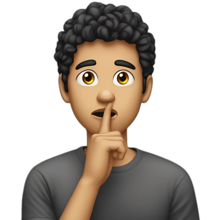 Rational thinking young man with putting finger on mouth, black hair emoji