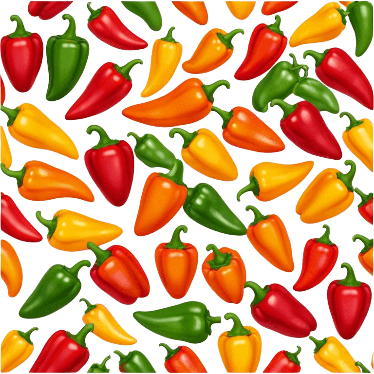 Cinematic bright colorful peppers, glossy and fresh, arranged in a vibrant mix of red, yellow, and green, warm glowing background, fresh and lively. emoji